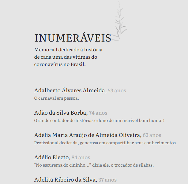 Memorial Inumeráveis une histórias das vítimas de&nbsp;COVID-19
